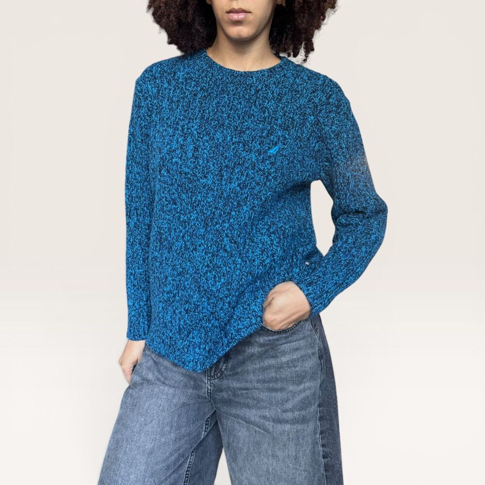 Nautica‎ Blue Marled Knit Crewneck Sweater Large Long Sleeve Pullover Logo - Picture 2 of 8